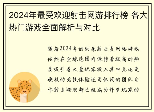 2024年最受欢迎射击网游排行榜 各大热门游戏全面解析与对比
