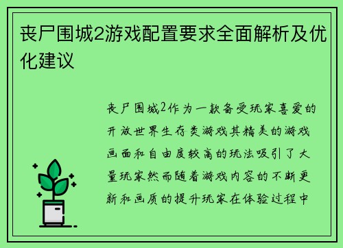 丧尸围城2游戏配置要求全面解析及优化建议